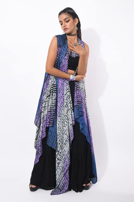 K-Anshika_Black Georgette, Satin Shibori, Thread Work Jacket Skirt Set_Online_at_Aza_Fashions