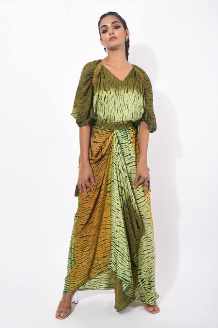 K-Anshika_Green Satin Shibori V Neck Top And Skirt Set_Online_at_Aza_Fashions