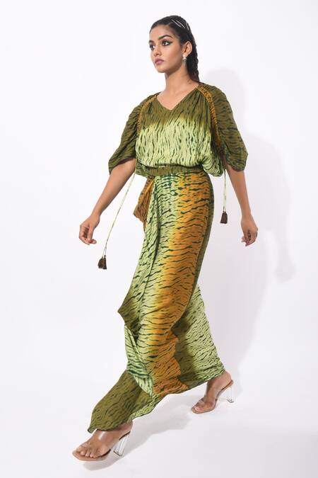Buy_K-Anshika_Green Satin Shibori V Neck Top And Skirt Set_Online_at_Aza_Fashions