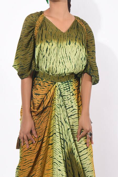 Shop_K-Anshika_Green Satin Shibori V Neck Top And Skirt Set_Online_at_Aza_Fashions