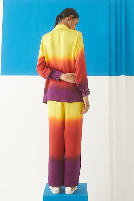Shop Studio Rigu Yellow Vegan Silk Spread Collar Sunrise Tie Dye Shirt And Trousers Set at Aza Fashions Shop_Studio Rigu_Yellow Vegan Silk Spread Collar Sunrise Tie Dye Shirt And Trousers Set _at_Aza_Fashions