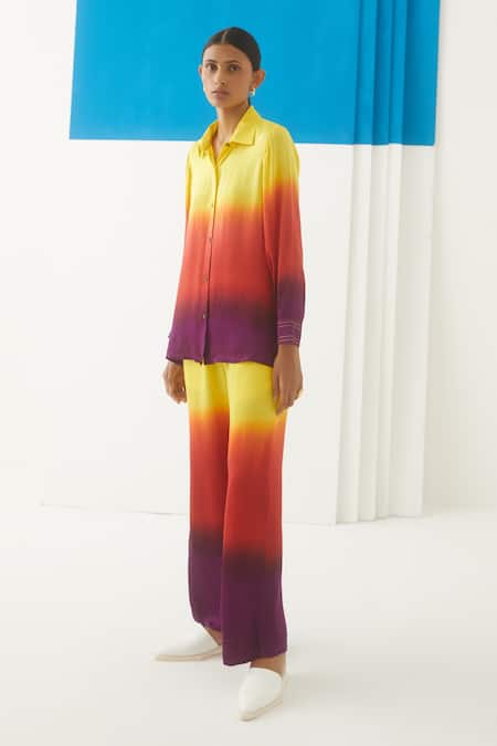 Studio Rigu Yellow Vegan Silk Spread Collar Sunrise Tie Dye Shirt And Trousers Set Online at Aza Fashions Studio Rigu_Yellow Vegan Silk Spread Collar Sunrise Tie Dye Shirt And Trousers Set _Online_at_Aza_Fashions