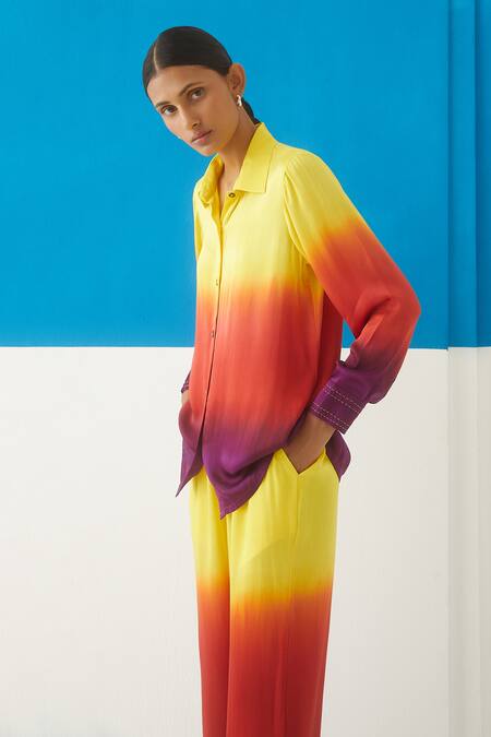 Shop Studio Rigu Yellow Vegan Silk Spread Collar Sunrise Tie Dye Shirt And Trousers Set Online at Aza Fashions Shop_Studio Rigu_Yellow Vegan Silk Spread Collar Sunrise Tie Dye Shirt And Trousers Set _Online_at_Aza_Fashions
