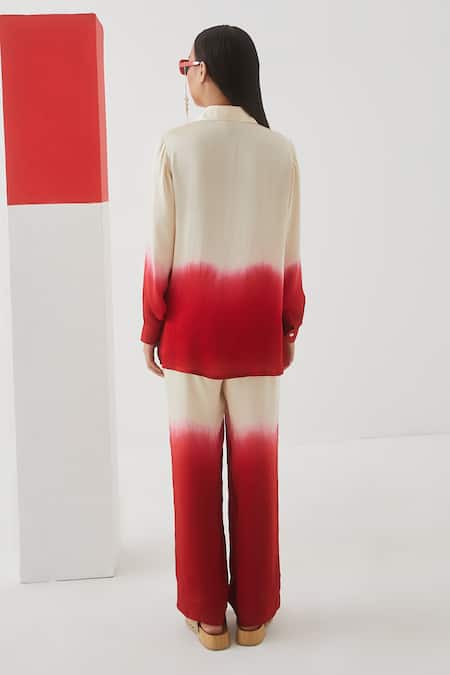 Shop Studio Rigu Beige Vegan Silk Spread Collar Tie Dye Shirt And Trousers Set at Aza Fashions Shop_Studio Rigu_Beige Vegan Silk Spread Collar Tie Dye Shirt And Trousers Set _at_Aza_Fashions