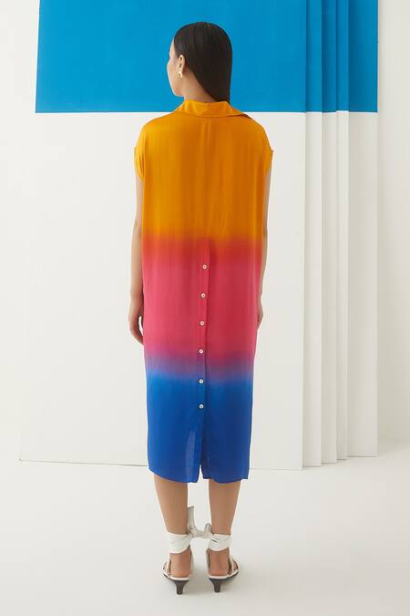 Shop Studio Rigu Orange Vegan Silk Spread Collar Sunset Tie Dye Knot Dress at Aza Fashions Shop_Studio Rigu_Orange Vegan Silk Spread Collar Sunset Tie Dye Knot Dress _at_Aza_Fashions
