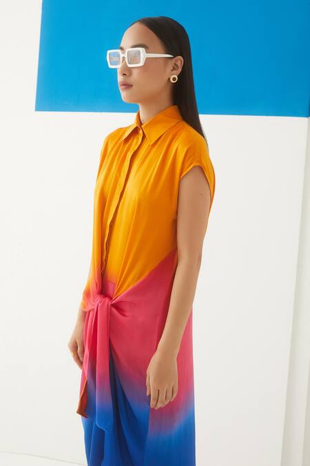 Buy Studio Rigu Orange Vegan Silk Spread Collar Sunset Tie Dye Knot Dress Online at Aza Fashions Buy_Studio Rigu_Orange Vegan Silk Spread Collar Sunset Tie Dye Knot Dress _Online_at_Aza_Fashions