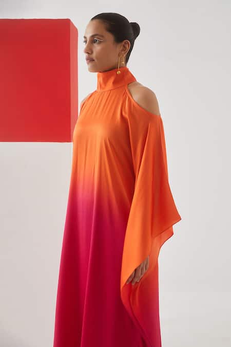 Shop Studio Rigu Orange Vegan Silk High Ombre Cold Shoulder Gown at Aza Fashions Shop_Studio Rigu_Orange Vegan Silk High Ombre Cold Shoulder Gown _at_Aza_Fashions