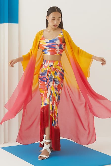 Studio Rigu Yellow Vegan Silk Ombre Hibiscus Cape  