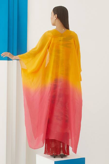 Shop_Studio Rigu_Yellow Vegan Silk Ombre Hibiscus Cape  _at_Aza_Fashions