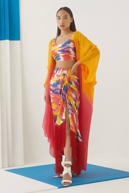 Studio Rigu_Yellow Vegan Silk Ombre Hibiscus Cape  _Online_at_Aza_Fashions