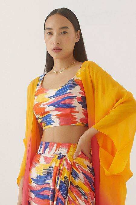 Buy_Studio Rigu_Yellow Vegan Silk Ombre Hibiscus Cape  _Online_at_Aza_Fashions