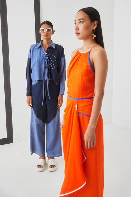 Studio Rigu Orange Linen Satin Halter Lucy Skater Dress Online at Aza Fashions Studio Rigu_Orange Linen Satin Halter Lucy Skater Dress _Online_at_Aza_Fashions