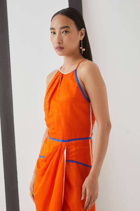 Buy Studio Rigu Orange Linen Satin Halter Lucy Skater Dress Online at Aza Fashions Buy_Studio Rigu_Orange Linen Satin Halter Lucy Skater Dress _Online_at_Aza_Fashions