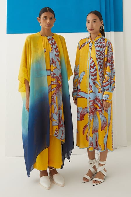 Shop Studio Rigu Yellow Vegan Silk Floral Print Round Aphrodite Kimono Kurta And Trousers Set at Aza Fashions Shop_Studio Rigu_Yellow Vegan Silk Floral Print Round Aphrodite Kimono Kurta And Trousers Set _at_Aza_Fashions