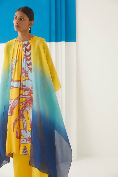 Studio Rigu Yellow Vegan Silk Floral Print Round Aphrodite Kimono Kurta And Trousers Set Online at Aza Fashions Studio Rigu_Yellow Vegan Silk Floral Print Round Aphrodite Kimono Kurta And Trousers Set _Online_at_Aza_Fashions