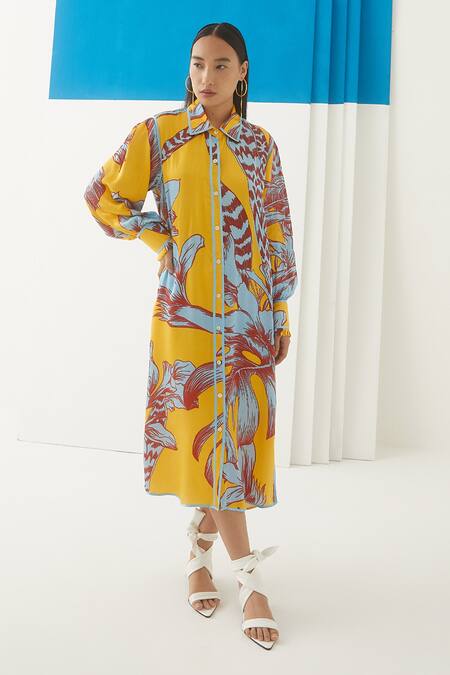 Studio Rigu Yellow Vegan Silk Floral Print Spread Collar Aphrodite Shirt Dress 