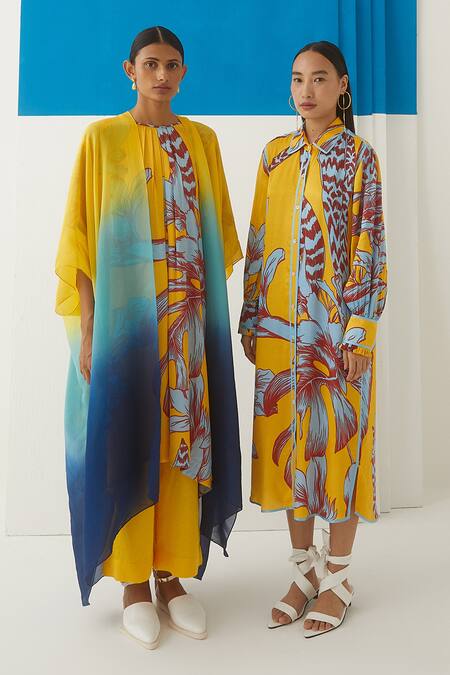 Shop Studio Rigu Yellow Vegan Silk Floral Print Spread Collar Aphrodite Shirt Dress at Aza Fashions Shop_Studio Rigu_Yellow Vegan Silk Floral Print Spread Collar Aphrodite Shirt Dress _at_Aza_Fashions