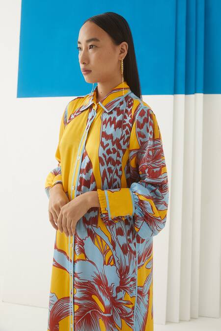 Studio Rigu Yellow Vegan Silk Floral Print Spread Collar Aphrodite Shirt Dress Online at Aza Fashions Studio Rigu_Yellow Vegan Silk Floral Print Spread Collar Aphrodite Shirt Dress _Online_at_Aza_Fashions