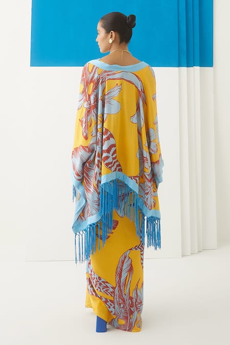 Shop Studio Rigu Yellow Vegan Silk Floral Print Scoop Neck Aphrodite Crop Top And Skirt Set at Aza Fashions Shop_Studio Rigu_Yellow Vegan Silk Floral Print Scoop Neck Aphrodite Crop Top And Skirt Set _at_Aza_Fashions