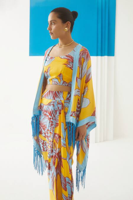 Studio Rigu Yellow Vegan Silk Floral Print Scoop Neck Aphrodite Crop Top And Skirt Set Online at Aza Fashions Studio Rigu_Yellow Vegan Silk Floral Print Scoop Neck Aphrodite Crop Top And Skirt Set _Online_at_Aza_Fashions