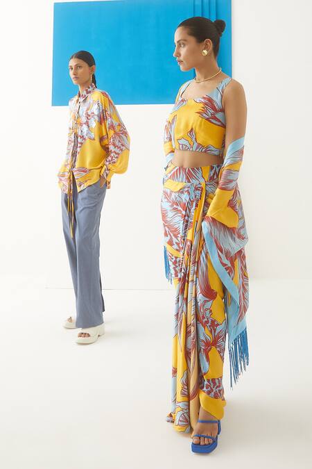 Studio Rigu Yellow Vegan Silk Floral Print Aphrodite Kimono Online at Aza Fashions Studio Rigu_Yellow Vegan Silk Floral Print Aphrodite Kimono _Online_at_Aza_Fashions