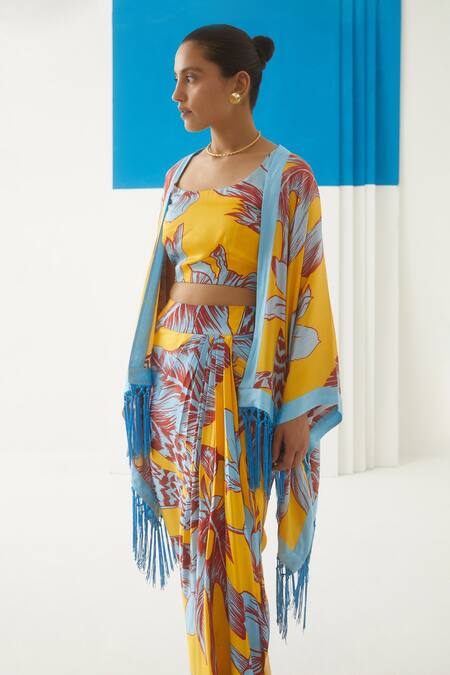 Buy Studio Rigu Yellow Vegan Silk Floral Print Aphrodite Kimono Online at Aza Fashions Buy_Studio Rigu_Yellow Vegan Silk Floral Print Aphrodite Kimono _Online_at_Aza_Fashions