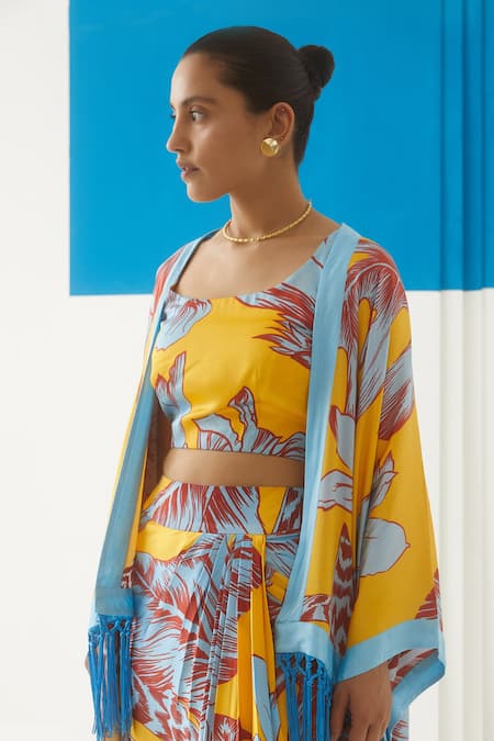 Shop Studio Rigu Yellow Vegan Silk Floral Print Aphrodite Kimono Online at Aza Fashions Shop_Studio Rigu_Yellow Vegan Silk Floral Print Aphrodite Kimono _Online_at_Aza_Fashions