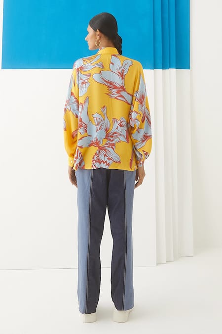 Shop Studio Rigu Yellow Vegan Silk Floral Print Spread Collar Aphrodite Shirt at Aza Fashions Shop_Studio Rigu_Yellow Vegan Silk Floral Print Spread Collar Aphrodite Shirt _at_Aza_Fashions