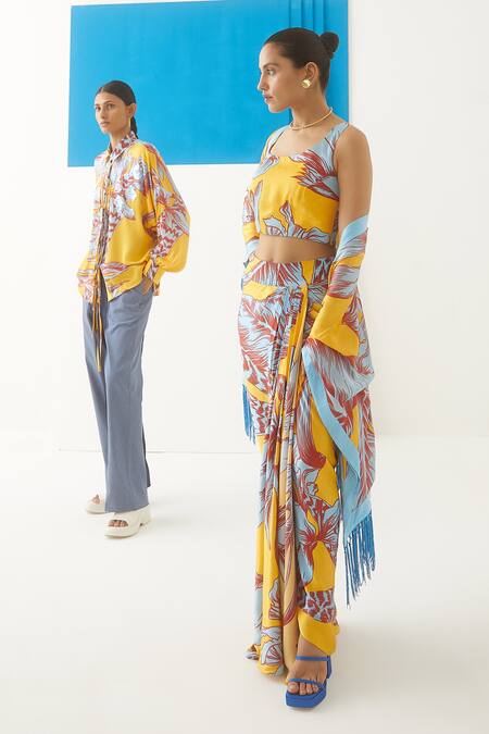 Studio Rigu Yellow Vegan Silk Floral Print Spread Collar Aphrodite Shirt Online at Aza Fashions Studio Rigu_Yellow Vegan Silk Floral Print Spread Collar Aphrodite Shirt _Online_at_Aza_Fashions
