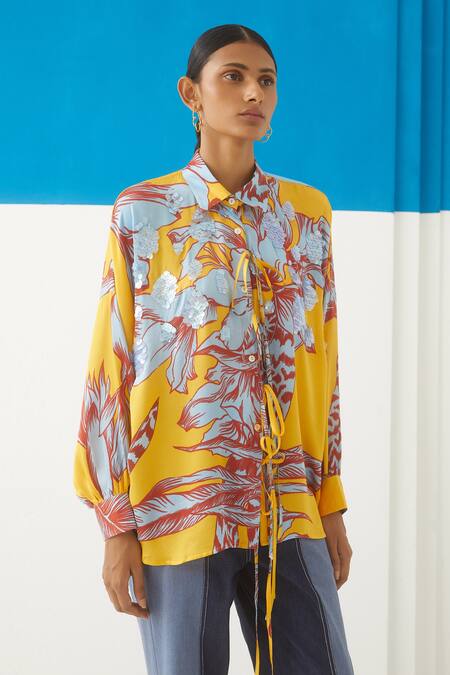 Buy Studio Rigu Yellow Vegan Silk Floral Print Spread Collar Aphrodite Shirt Online at Aza Fashions Buy_Studio Rigu_Yellow Vegan Silk Floral Print Spread Collar Aphrodite Shirt _Online_at_Aza_Fashions
