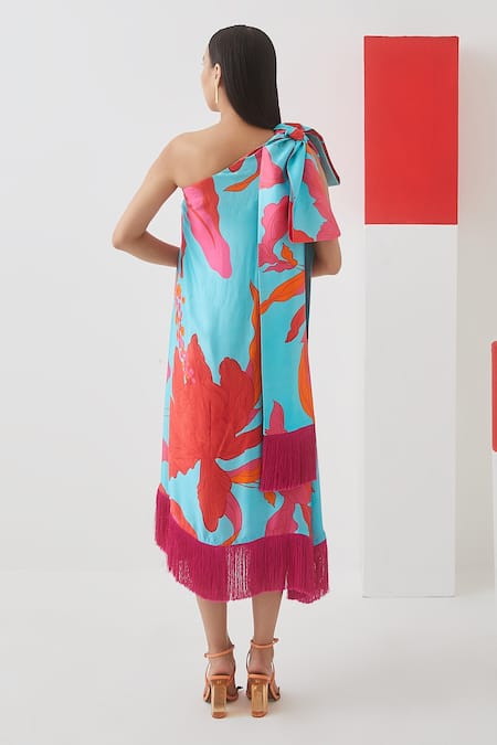 Shop Studio Rigu Blue Vegan Silk Floral Print One Shoulder Midi Dress at Aza Fashions Shop_Studio Rigu_Blue Vegan Silk Floral Print One Shoulder Midi Dress _at_Aza_Fashions