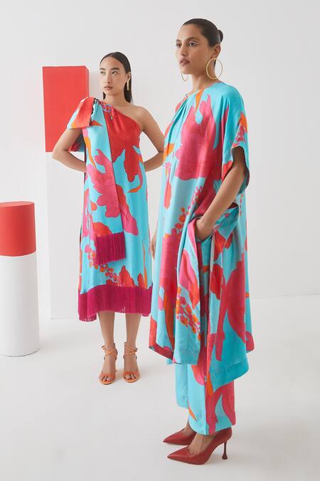 Studio Rigu Blue Vegan Silk Floral Print One Shoulder Midi Dress Online at Aza Fashions Studio Rigu_Blue Vegan Silk Floral Print One Shoulder Midi Dress _Online_at_Aza_Fashions