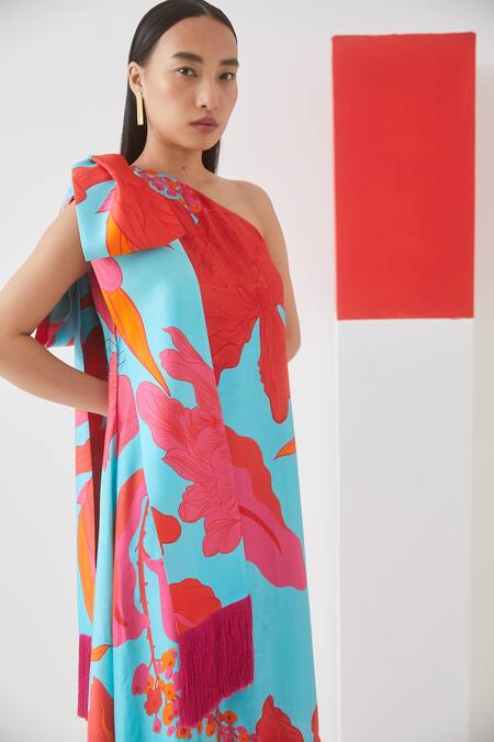 Buy Studio Rigu Blue Vegan Silk Floral Print One Shoulder Midi Dress Online at Aza Fashions Buy_Studio Rigu_Blue Vegan Silk Floral Print One Shoulder Midi Dress _Online_at_Aza_Fashions