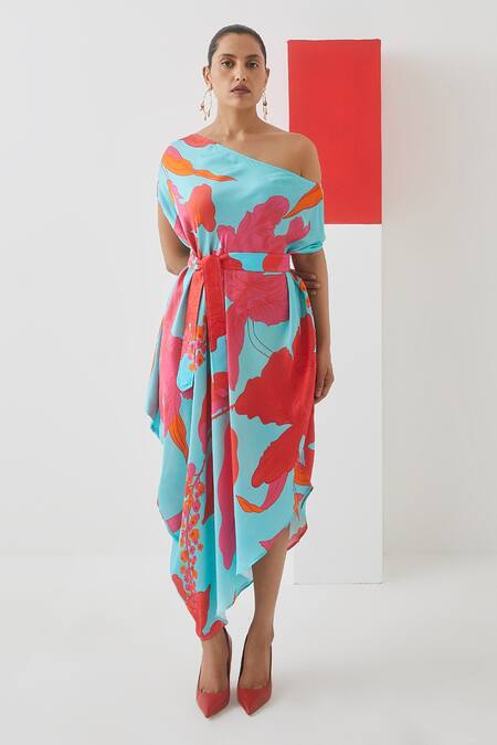 Studio Rigu Blue Vegan Silk Floral Print One Shoulder Draped Dress 