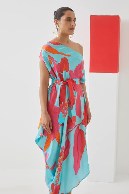 Shop Studio Rigu Blue Vegan Silk Floral Print One Shoulder Draped Dress at Aza Fashions Shop_Studio Rigu_Blue Vegan Silk Floral Print One Shoulder Draped Dress _at_Aza_Fashions