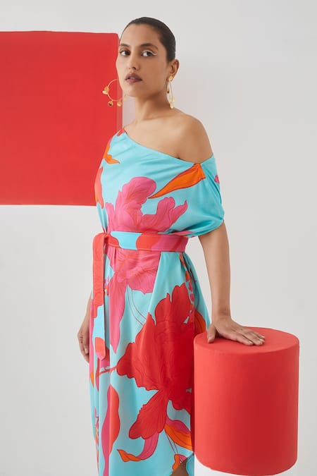 Studio Rigu Blue Vegan Silk Floral Print One Shoulder Draped Dress Online at Aza Fashions Studio Rigu_Blue Vegan Silk Floral Print One Shoulder Draped Dress _Online_at_Aza_Fashions