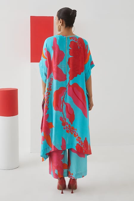 Shop Studio Rigu Blue Vegan Silk Floral Print Round Kimono Kurta And Trousers Set at Aza Fashions Shop_Studio Rigu_Blue Vegan Silk Floral Print Round Kimono Kurta And Trousers Set _at_Aza_Fashions