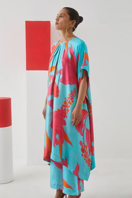 Buy Studio Rigu Blue Vegan Silk Floral Print Round Kimono Kurta And Trousers Set Online at Aza Fashions Buy_Studio Rigu_Blue Vegan Silk Floral Print Round Kimono Kurta And Trousers Set _Online_at_Aza_Fashions