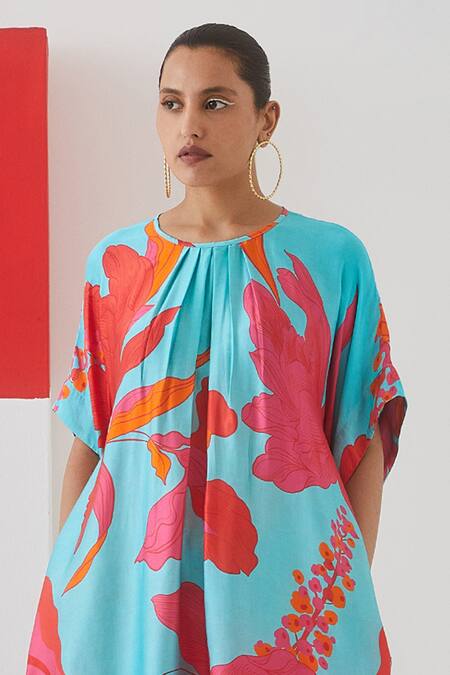 Shop Studio Rigu Blue Vegan Silk Floral Print Round Kimono Kurta And Trousers Set Online at Aza Fashions Shop_Studio Rigu_Blue Vegan Silk Floral Print Round Kimono Kurta And Trousers Set _Online_at_Aza_Fashions