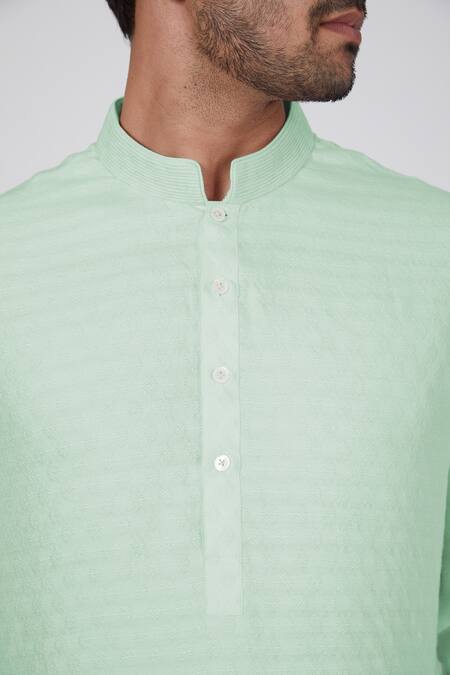 Bubber Couture_Blue Jacquard Silk Amay Mandarin Collar Kurta Set_Online_at_Aza_Fashions