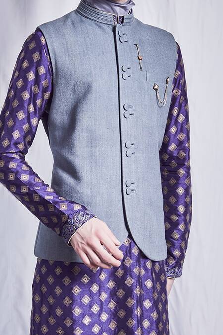 Bubber Couture_Grey Matka Silk Zeus Sleeveless Bundi_Online_at_Aza_Fashions