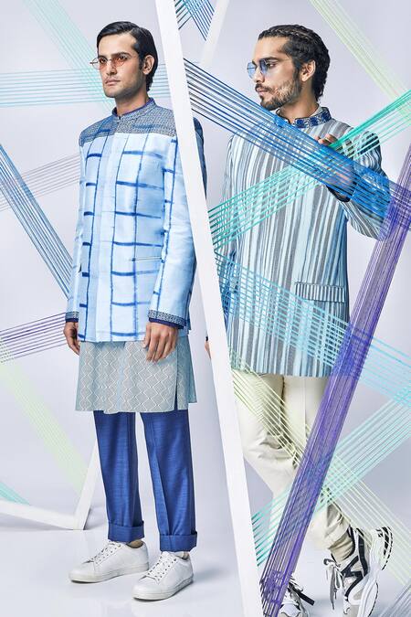 Bubber Couture_Blue Flat Raw Silk Shibori Bosch Embroidered Bandhgala_Online_at_Aza_Fashions