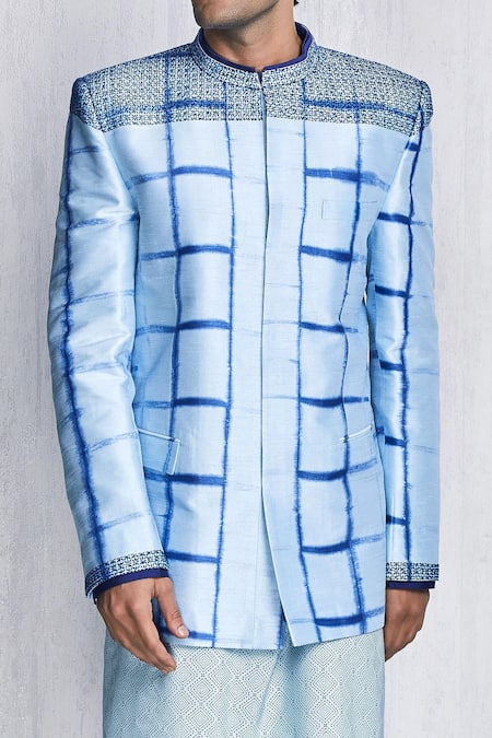 Buy_Bubber Couture_Blue Flat Raw Silk Shibori Bosch Embroidered Bandhgala_Online_at_Aza_Fashions