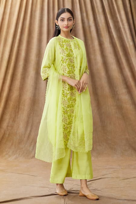 Manasi Sengupta Green Organza, Silk Chanderi Block Print, Gota Dori Work Mandarin Kurta Set Online at Aza Fashions Manasi Sengupta_Green Organza, Silk Chanderi Block Print, Gota Dori Work Mandarin Kurta Set _Online_at_Aza_Fashions