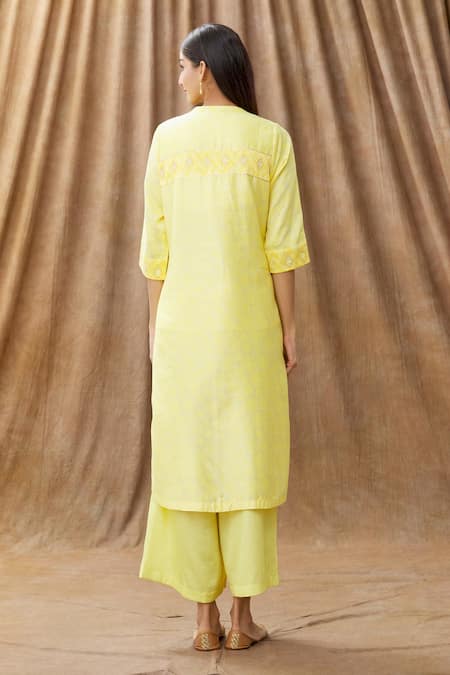 Shop Manasi Sengupta Yellow Organza, Silk Chanderi Block Print, Gota Dori Work Mandarin Kurta Set at Aza Fashions Shop_Manasi Sengupta_Yellow Organza, Silk Chanderi Block Print, Gota Dori Work Mandarin Kurta Set _at_Aza_Fashions
