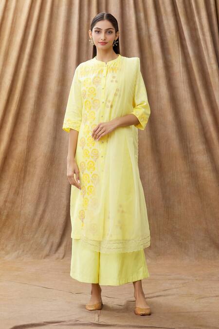 Manasi Sengupta Yellow Organza, Silk Chanderi Block Print, Gota Dori Work Mandarin Kurta Set Online at Aza Fashions Manasi Sengupta_Yellow Organza, Silk Chanderi Block Print, Gota Dori Work Mandarin Kurta Set _Online_at_Aza_Fashions