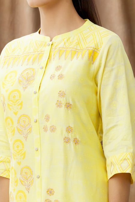 Shop Manasi Sengupta Yellow Organza, Silk Chanderi Block Print, Gota Dori Work Mandarin Kurta Set Online at Aza Fashions Shop_Manasi Sengupta_Yellow Organza, Silk Chanderi Block Print, Gota Dori Work Mandarin Kurta Set _Online_at_Aza_Fashions