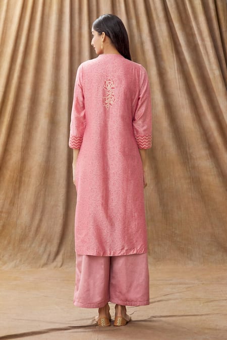 Shop Manasi Sengupta Pink Organza, Silk Chanderi Block Print, Gota Dori Work Mandarin Kurta Set at Aza Fashions Shop_Manasi Sengupta_Pink Organza, Silk Chanderi Block Print, Gota Dori Work Mandarin Kurta Set _at_Aza_Fashions
