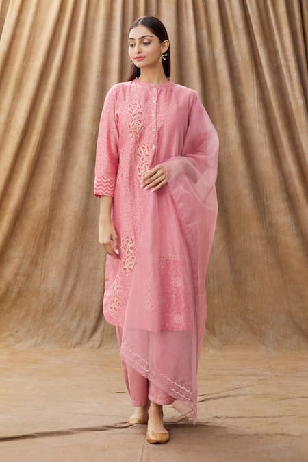 Manasi Sengupta Pink Organza, Silk Chanderi Block Print, Gota Dori Work Mandarin Kurta Set Online at Aza Fashions Manasi Sengupta_Pink Organza, Silk Chanderi Block Print, Gota Dori Work Mandarin Kurta Set _Online_at_Aza_Fashions