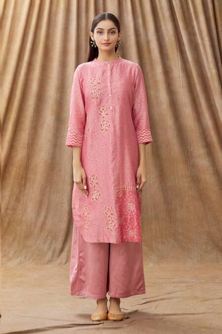 Buy Manasi Sengupta Pink Organza, Silk Chanderi Block Print, Gota Dori Work Mandarin Kurta Set Online at Aza Fashions Buy_Manasi Sengupta_Pink Organza, Silk Chanderi Block Print, Gota Dori Work Mandarin Kurta Set _Online_at_Aza_Fashions